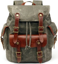 Men Waxed Canvas Leather Backpack Travel Rucksack Camping Hiking School Book Bag
