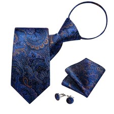 Mens Adjustable Zipper Ties, Woven Paisley Striped Plaid Necktie Blue Paisley