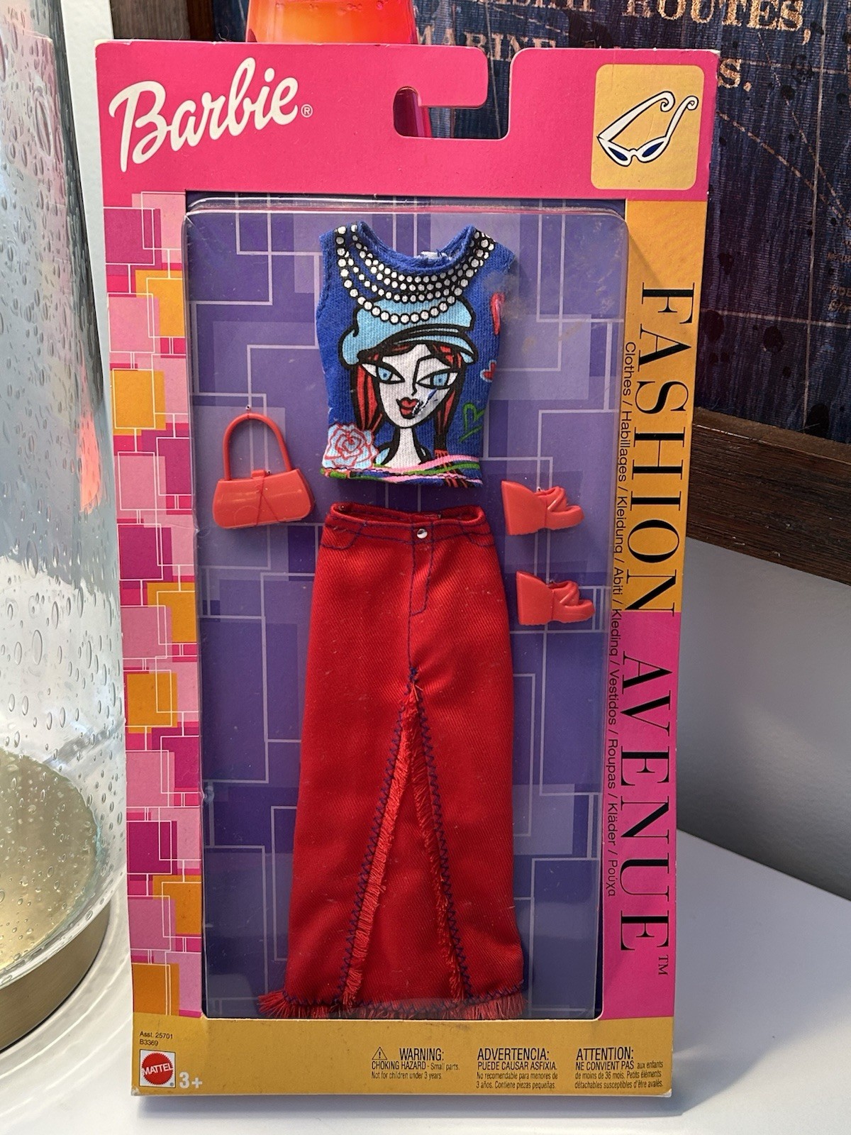 Vintage Barbie Fashion Avenue 2002 NRFB Red Skirt Shoes Purse Top With Face
