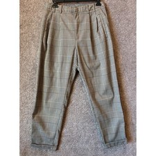 Urban Outfitters Plaid Tapered Trousers Grey Brown Cuffed Side Stripe