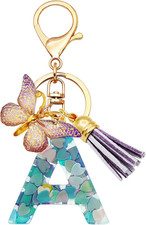 Initial Letter Keychains for Girls Women Pink Purple Green Cute Butterfly Heart