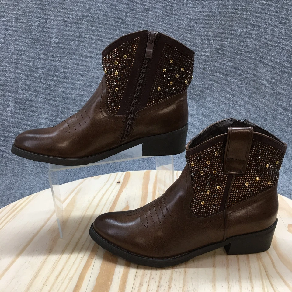 Botas muy volátiles para mujer 7 tirones con tachuelas botín occidental marrón imitación cuero Foto 2 de 4