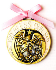 Pink / Bronze Tone Guardian Angel 2" Crib Medal for Baby Girls