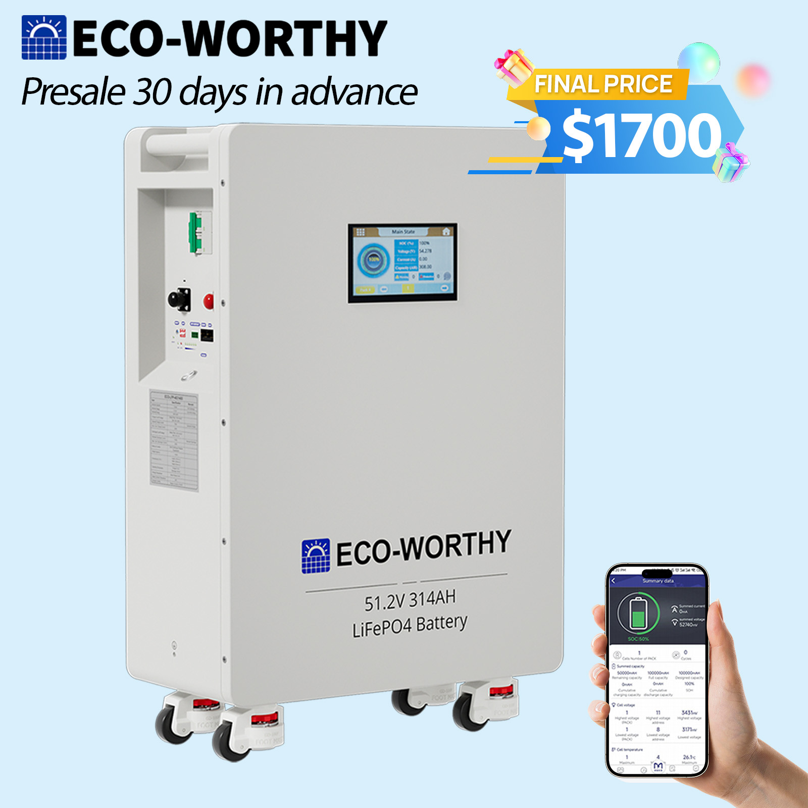 ECO-WORTHY 16.07kWh 48V 314AH LiFePO4 Battery Vertical Standing Solar Backup UPS