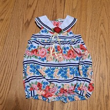 Vintage Baby Togs Floral Sailor Bubble Romper Ribbon Rossette Nautical Size 2T