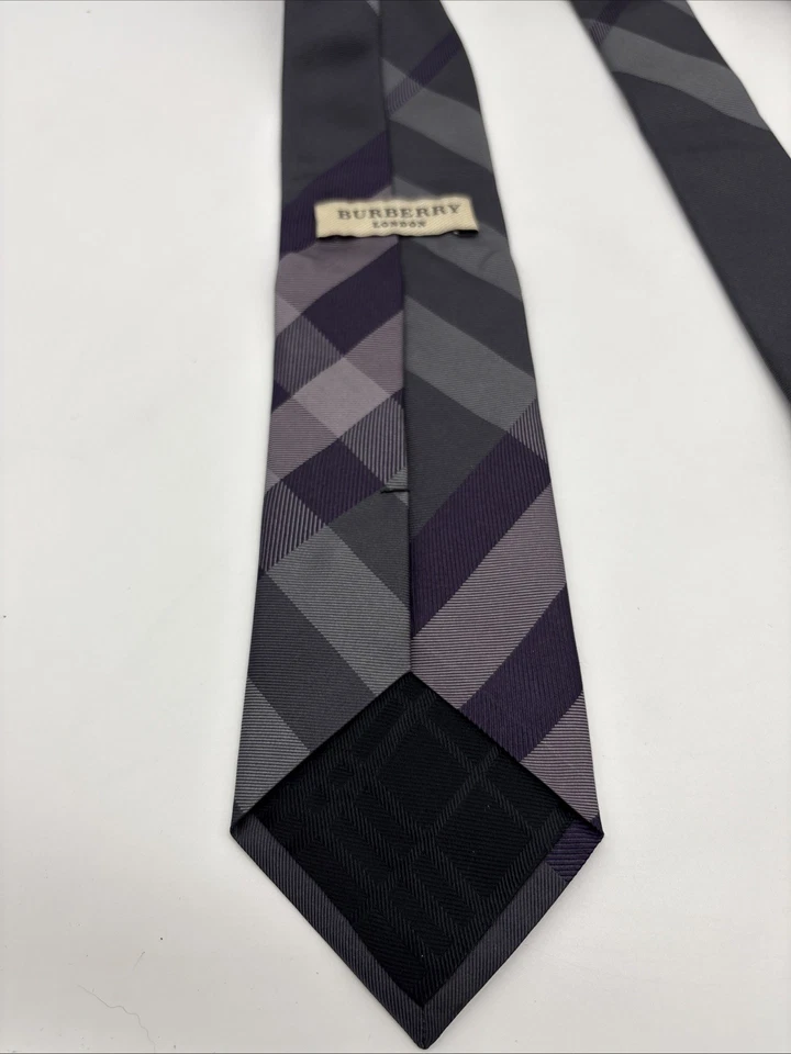 Corbata Burberry London gris púrpura patrón a cuadros 100 % seda Foto 4 de 4