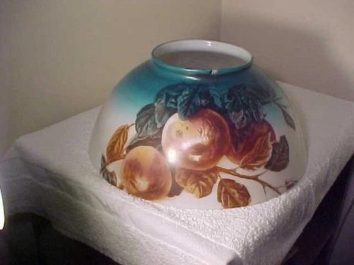 RARE Victorian APPLE Painted Dome Milk Glass 14 inch Hanging Lamp Shade c1890s