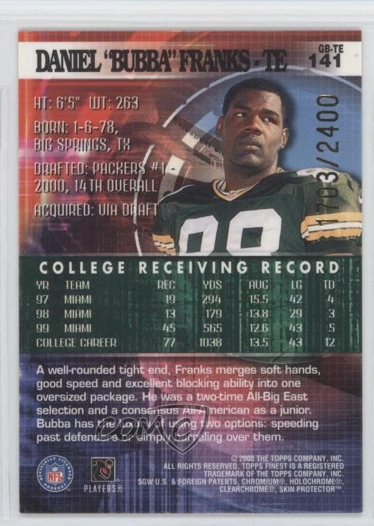 2000 Topps Finest Rookies /2400 Bubba Franks Daniel Franks #141 Rookie RC - Image 2 of 2