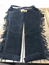 Suede Leather Western Chaps Size L Black Full Zip Fringe Cowboy Concho Equestri