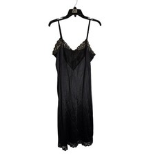 Vintage Lace Trimmed Black Satin Slip Nightgown Lingerie Dress