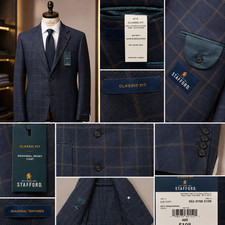 Stafford 46R Classic Fit Navy Windowpane Sport Coat Blazer Wool Cotton NWT