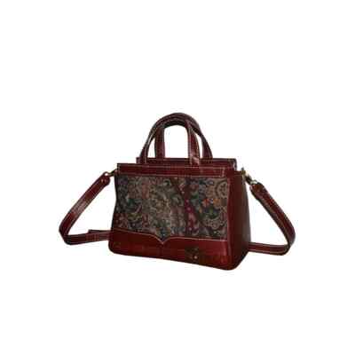Burgundy Leather Bag Combined With Ethnic Embroidered Fabric, Small And Elegant