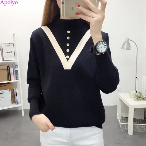 Women Mock Neck Fall Winter Knit Colorblock Casual Tops Sweater Pullover Jumper - Picture 14 of 15