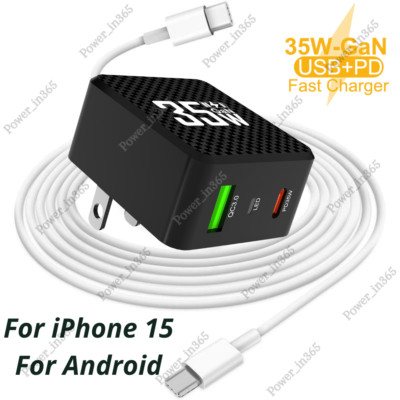  For iPhone 15 Pro Android 35W GaN Fast Charger Power Adapter USB C Data Cable