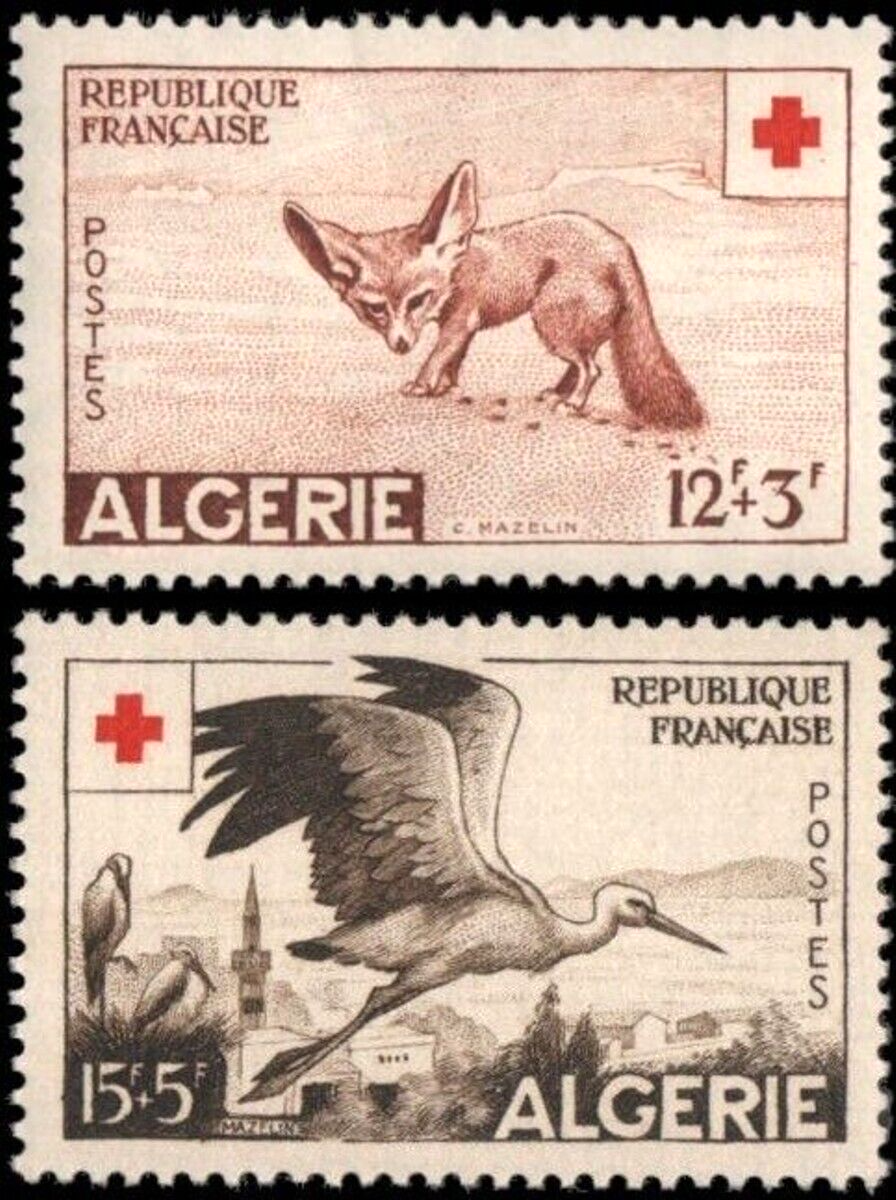1957 French Algeria Sc# B88-89 Semi-postal Red Cross, Fox & Stork