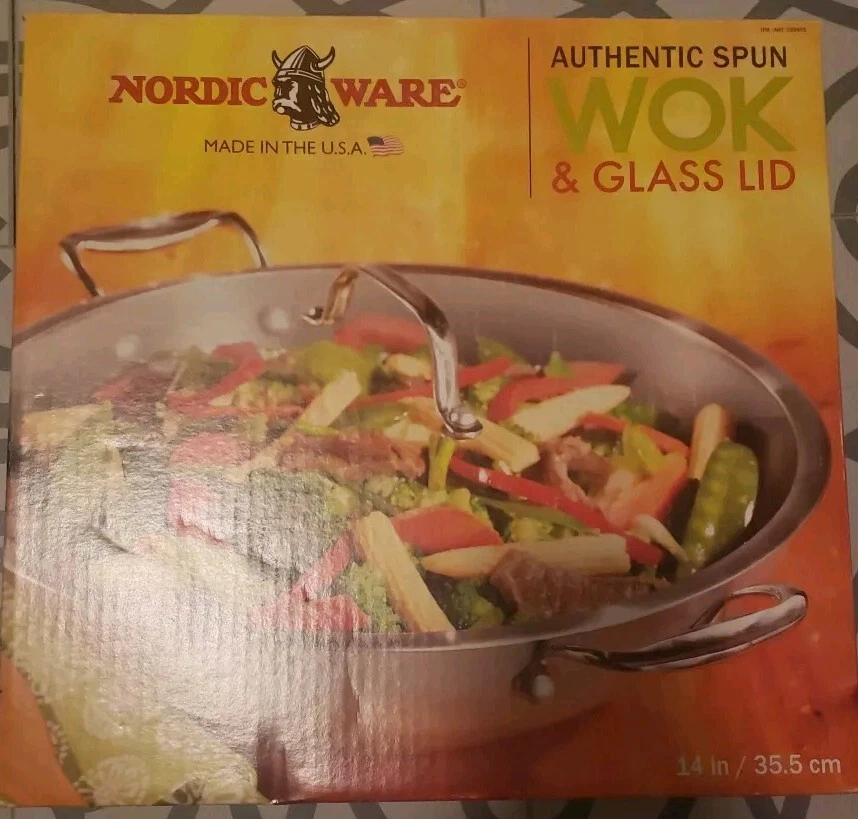 Nordic Ware, 14" Asian Authentic Spun Wok, Nonstick Steel Glass Lid - Nib