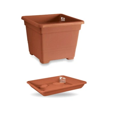 VECA VASO FIORIERA QUADRA QUADRATO COLORE TERRACOTTA CON SOTTOVASO CM 22X22X18 H