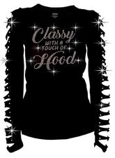 Bling ~ Classy with a touch of Hood Rhinestone T-Shirt Ripped Cut Out Long S~4XL