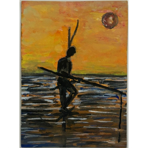 ACEO Original Watercolor Fishing Silhouette Ocean Sunset Art Card Miniature NEW