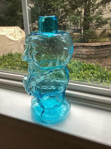 Vintage Blue Glass Indiana Tiara Mountaineer Jolly Old Man Whiskey Decanter - Picture 2 of 9