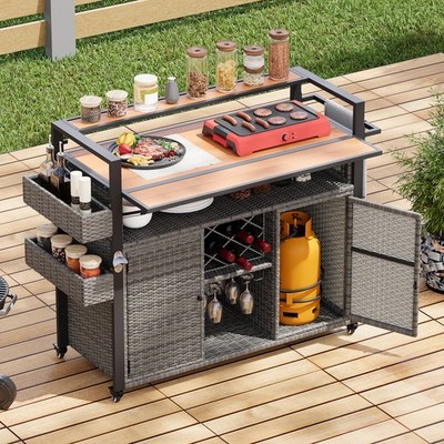 52.8'' Outdoor Grill Cart w/Foldable Plastic Wood Top, PE Wicker Kitchen Island