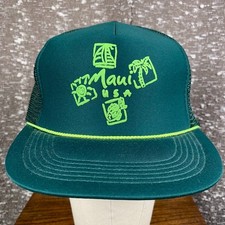 Vintage Maui USA Hawaiian Headwear Green Mesh Trucker Hat Retro Rope Detail