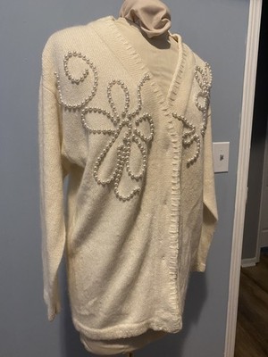 Vtg Pearl Beaded Silk Lambs Wool Rabbit Angora Sweater Cardigan M Off White