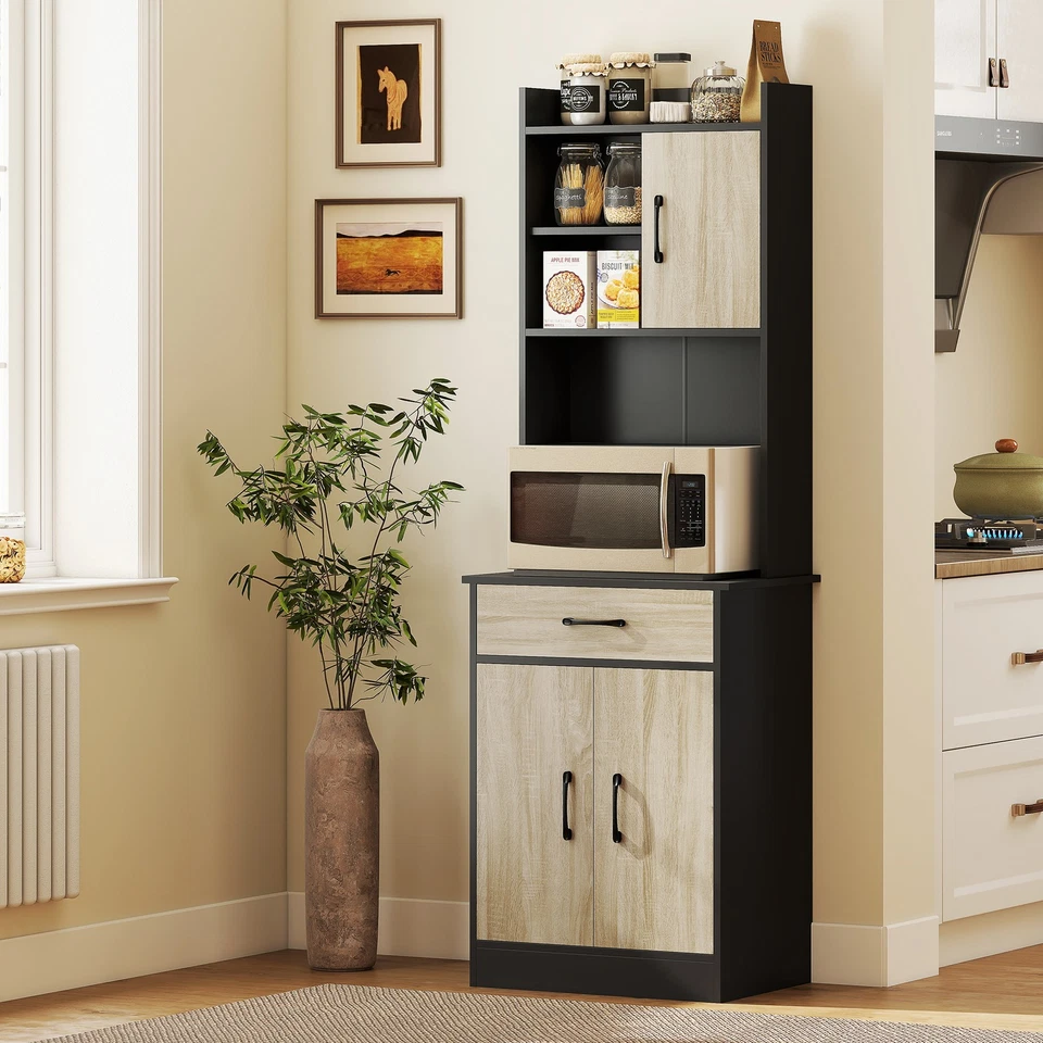 HOMCOM Mobile Dispensa con Cassetto, Ripiani Aperti e Armadietti Nero e Legno - Immagine 3 di 4