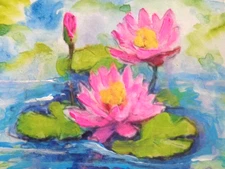ATC  ACEO  -  PINK WATER LILY LOTUS FLOWER POND  Art