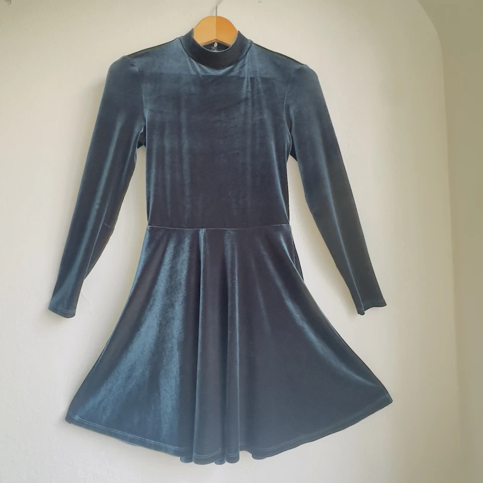 Vestido Patinador Terciopelo American Apparel Verde Esmeralda Sin Espalda Manga Larga Y2K Talla M Foto 2 de 4