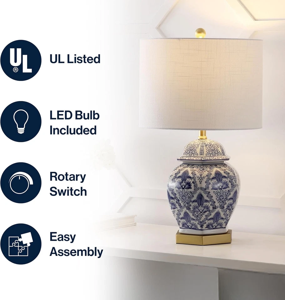 25" Blue White Ceramic Chinoiserie Table Lamp Oriental Asian Ginger Jar Style - Image 3 of 4