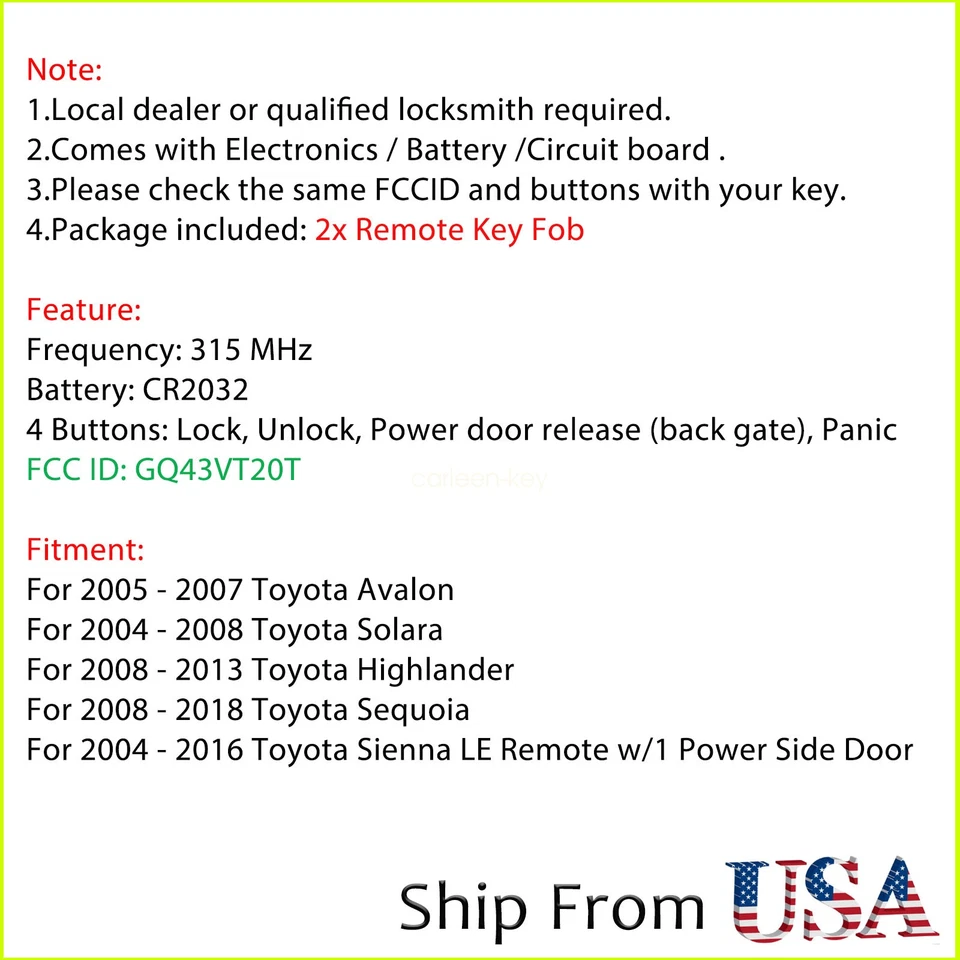 2 para Toyota Highlander 2008 2009 2010 2011 2012 2013 mando a distancia llavero 4B Foto 2 de 4