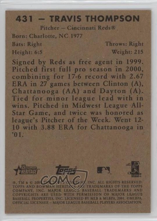 2001 Bowman Heritage Travis Thompson #431 - Image 2 of 2