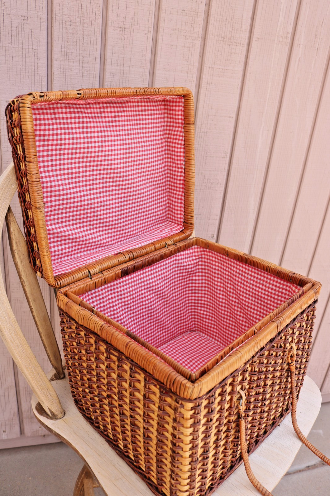 Vintage Wicker Picnic Basket with Red Gingham Lining