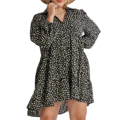 Umgee Women's Animal Print Babydoll Dress - Long Puff Sleeve, V-Neck (Wine, Medium)