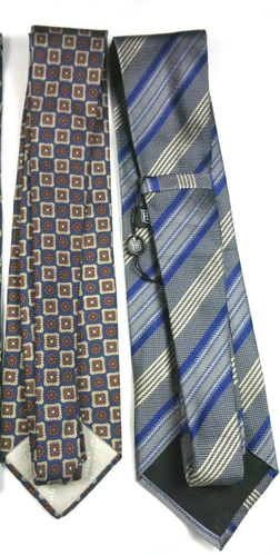 Lote de 2 corbatas de seda Aquascutum Hickey Freeman azul marrón gris rayas geométricas - Imagen 4 de 8