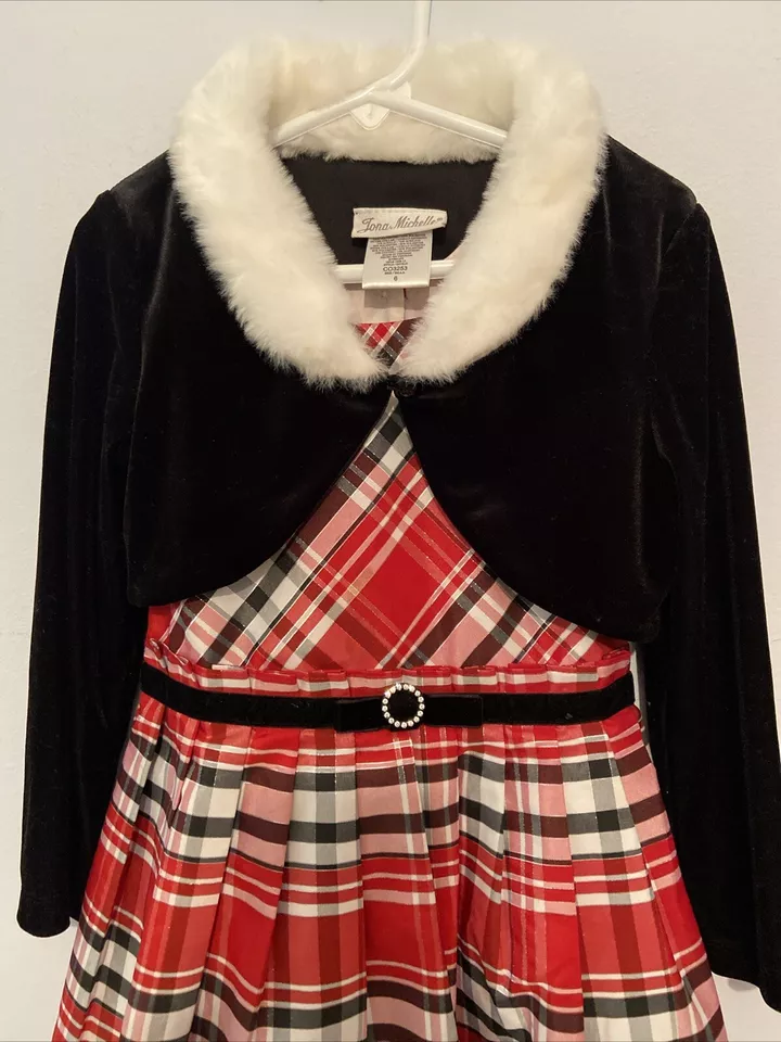 Jona Michelle Girls Red Plaid Dress W Black Velvet Sweater W Faux Fur Collar 6 - Image 2 of 4