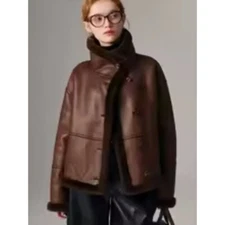 Women's Brown Real Leather Shearling Aviator Flight Jacket Fur Coat Sheepskin Ou