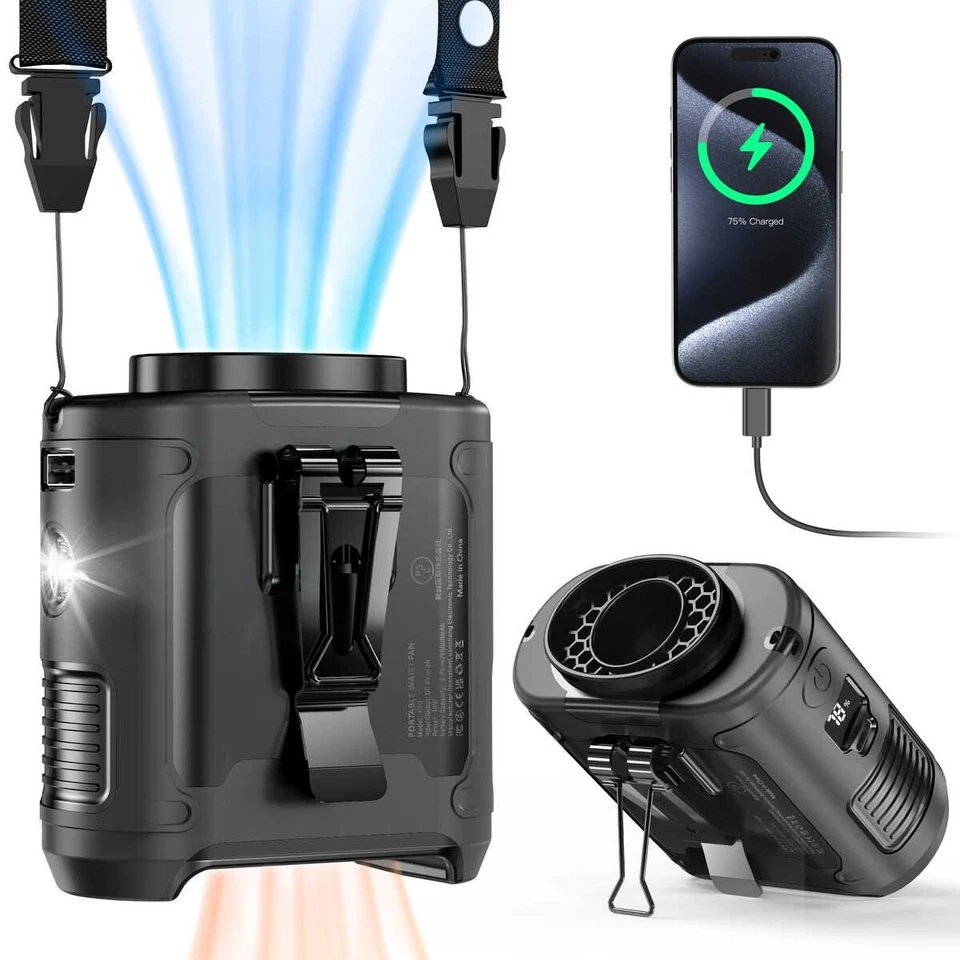 Portable Waist Fan Clip on Wearable Belt Personal Fan 10000mAh Battery 8-40h Use - Image 2 of 4