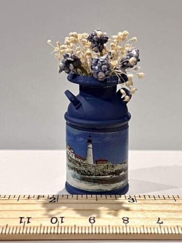 Vintage Dollhouse Miniature Decorated Milk Jug Lighthouse Blue Dried Flowers - Picture 1 of 5