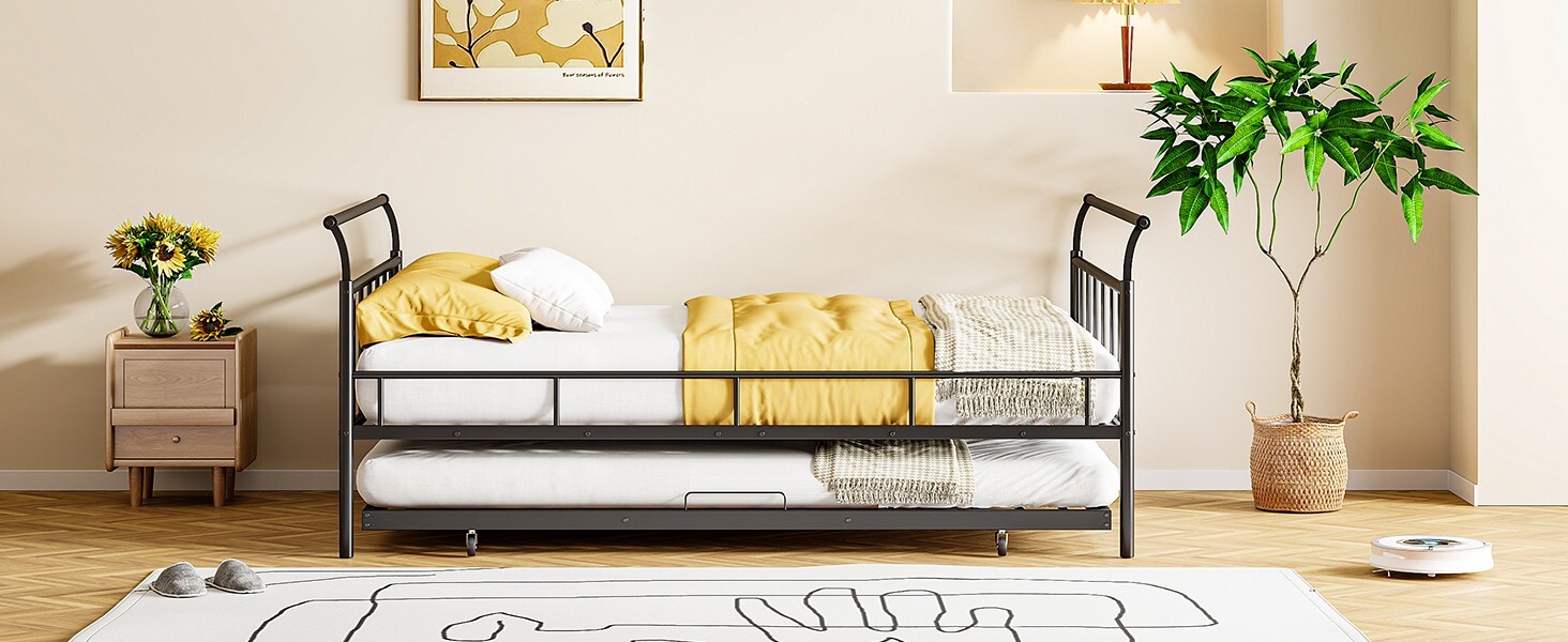 Safety Metal Daybed with Curved Handle Design and Twin Size Trundle Bed,Black