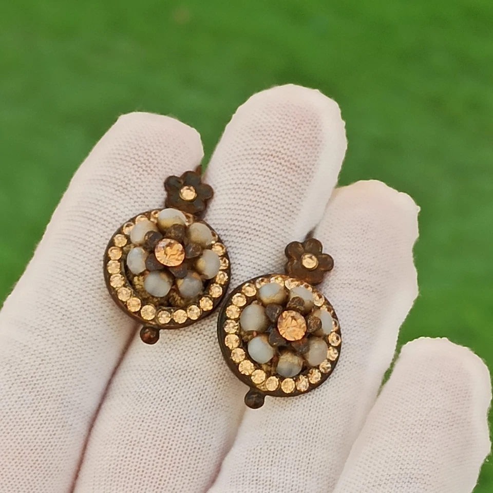 Michal Negrin Earrings Beads and Swarovski Crystals Round Chunky Flower Gift VTG - Image 2 of 4