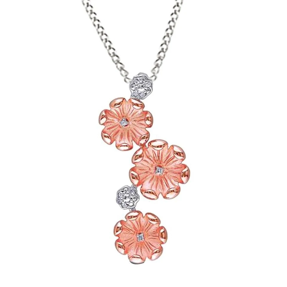 Colgante Flor Acabado Oro Dos Tonos 10K Acento Diamante Natural, Cadena Cuerda 18" Foto 4 de 4