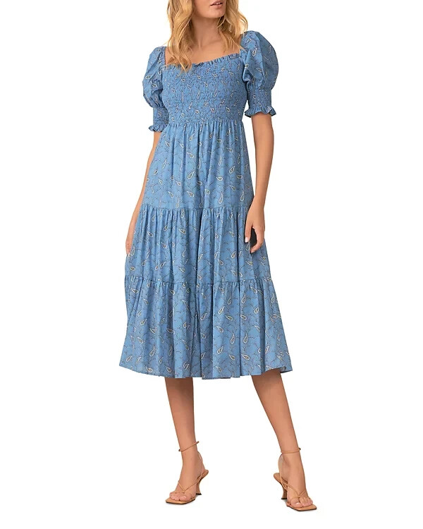 Elan Womens Smocked Calf Midi Dress, Blue Paisley Print
