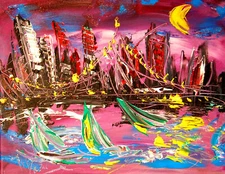 CITYSCAPE ART  IMPASTO Painting OIL SIGNED  MODERN CANVAS ABSTRACT B4f34fV