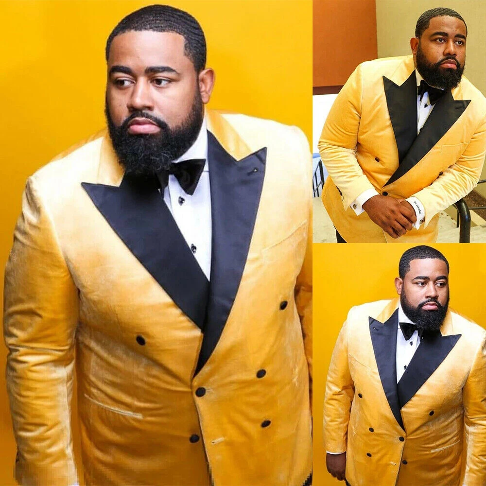 Plus Size Men's Suit Yellow Velvet Jacket 2 Pieces Wedding Evening Party  Blazer