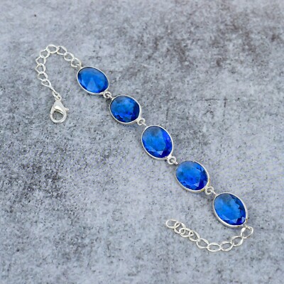 Swiss Blue Topaz Gemstone Handmade 925 Sterling Silver Link Bracelet Jewelry