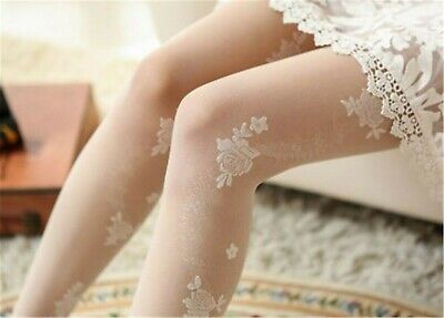 Women Fancy Sheer Cream White Purple Floral Rose Lace Tights Pantyhose  Stockings 
