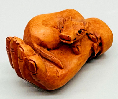 Netsuke Hand Carved Boxwood Cow Ox Toggle Luck Charm 2 inch Japanese Inro Ojime