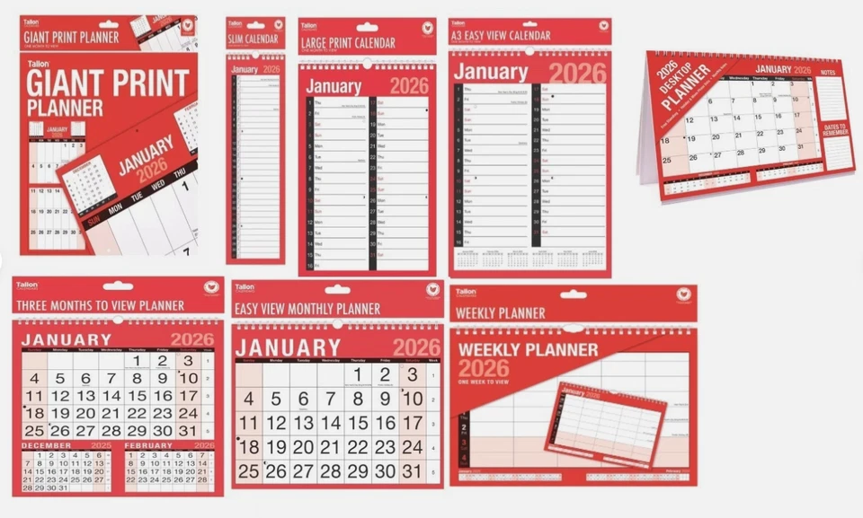 TALLON 2026 Wall Calendar Slim A4 Large Easy View Three Moth Giant A3 Monthly Planner